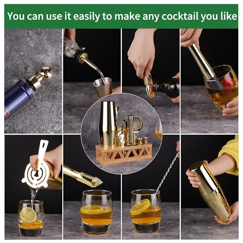 JWJIUEJIU Cocktail Shaker Set Bartender Kit with Bamboo Stand,13 Piece Bar Set Stainless Steel Bar Tools Set for Professio...