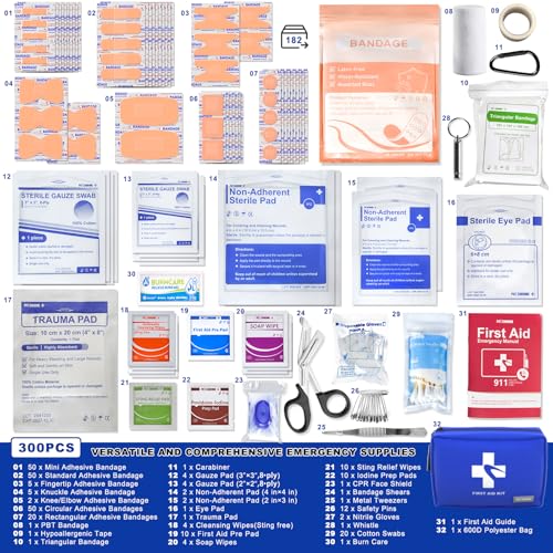 300 PCS First Aid Kit for Home, Car, Travel, Camping, Hiking, Truck, Office, Businesses, Sports & Outdoor, Premium Waterpr...