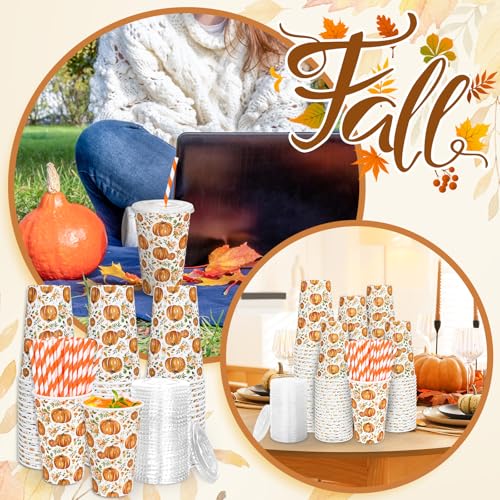 FYSUIMU 50 Set Fall Thanksgiving Disposable Coffee Cup with Lids and Straws 16Oz Rustic Watercolor Pumpkin Floral Paper Dr...