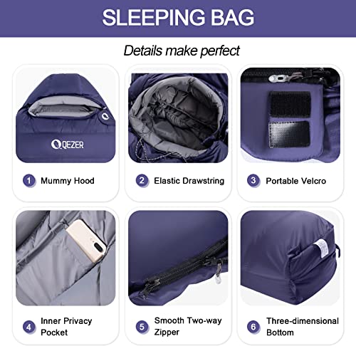 QEZER Down Sleeping Bag for Adults 0°F 10°F 15°F 20°F Backpacking Sleeping Bag for Cold Weather with Compression Sack