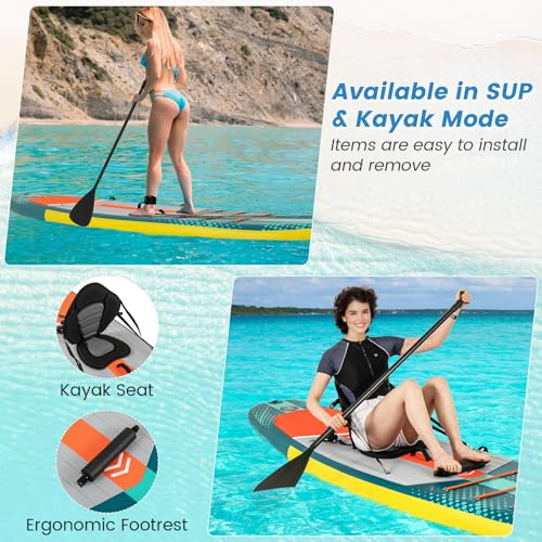 GYMAX Paddle Board, Inflatable SUP with Kayak Seat, Camera Mount, Direction Fin Paddle & Carry Backpack, Extra Wide Below ...