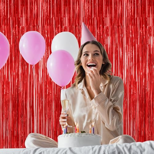 4 Pack Red Backdrop, 3.28 FT x 7.05 FT Party Streamer, Valentines Day Metallic Birthday Tinsel Backdrop Foil Fringe Curtai...