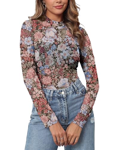 Gleeneat Womens Mesh Floral Long Sleeve Tops Lace Undershirt Mock Neck Going Out Sheer Blouses 2025 Trendy