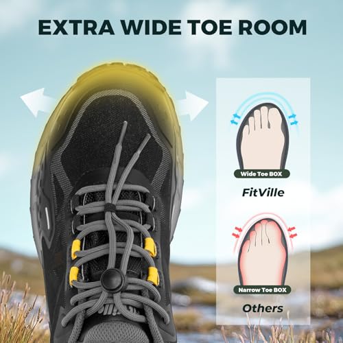 FitVille Men Waterproof Hiking Shoes Extra Wide Walking Shoes Slip-Resistant Trekking Trainers All-Terrain Quick Lace Snea...