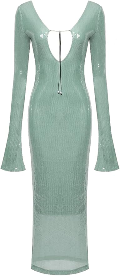 meilun Deep V Dress with Drawstring Long Sleeve Sequin Dress for Women Long Gown
