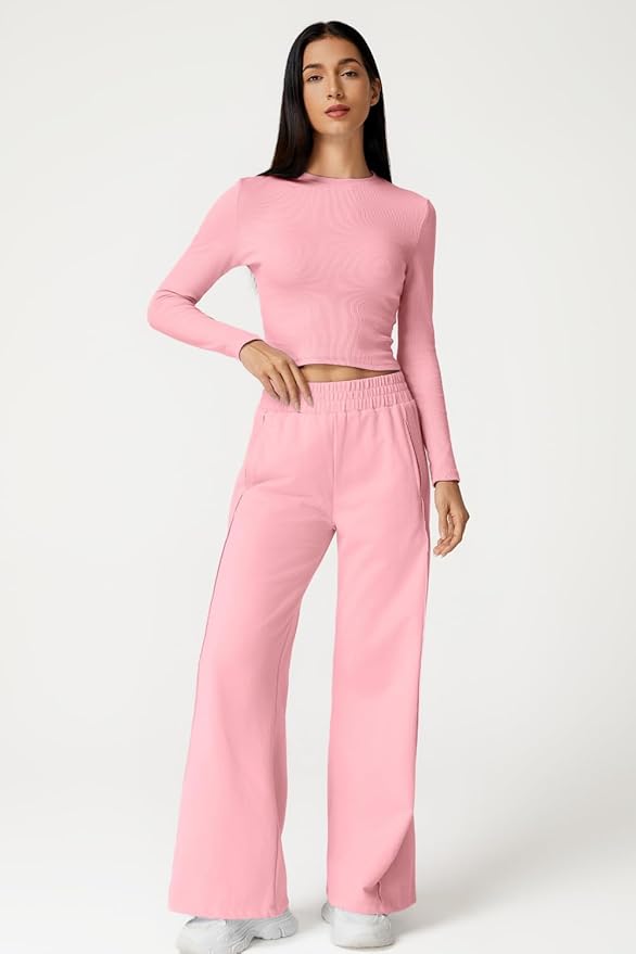 QINSEN Womens 2 Piece Sets Long Sleeve Slim Fit Crop Tops Wide Leg Pants Matching Lounge Set
