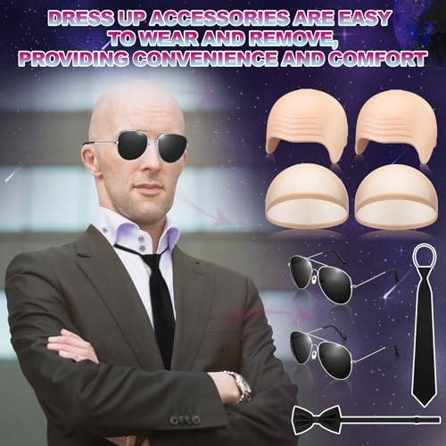 Mepase 8 Pcs Halloween Latex Bald Caps with Head Wig Caps Sunglasses Tie and Bow Tie for Adults Men Halloween Party Cospla...