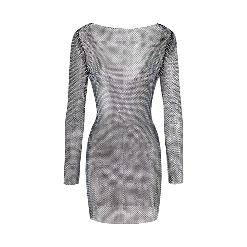 Cute and Spicy Women's Rhinestone Sheer Mesh Dress Long Sleeve Slim Fit V Back Party Clubwear Dress Run Small Order 1 Size UP