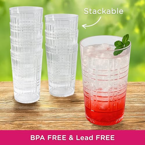 Kate Aspen Clear Plaid Acrylic Glasses Drinkware, Plastic Drinking Glasses Set of 8, 22 oz, Tumblers & Water Glasses Dishw...