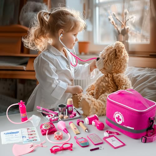 EFO SHM Doctor Kit for Kids Girls, 34 Pcs Kids Doctor Kit for Toddlers 3-5 with Medical Storage Bag & Real Stethoscope, Pr...