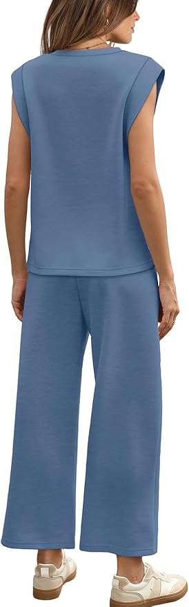 WIHOLL 2 Piece Sets for Women Summer Lounge Sets Travel Vacation Outfits Cap Sleeve Sweatsuit Side Slit Wide Leg Pants S-3XL