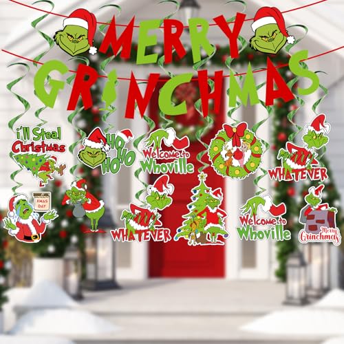 Adurself Christmas Party Decorations - 38Pcs Red Green Hanging Swirls Foil Swirl Ceiling Hanging Decorations Merry Christm...