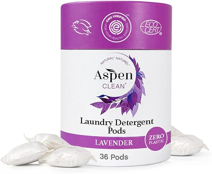Aspen Clean Lavender Laundry Pods, New and Improved Packaging, Zero Plastic, EWG Verified™, Hypoallergenic Natural Laundry Detergent - 36 Count
