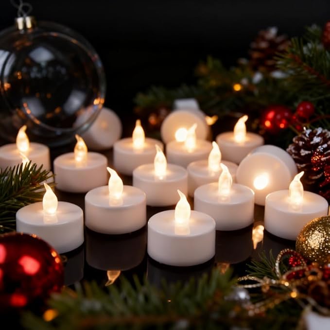 YIWER Battery Tea Lights Candles Set of 24: Flickering flameless Realistic Tealights with Warm White Light Candle Light for Festivals Parties Halloween Warm Atmosphere