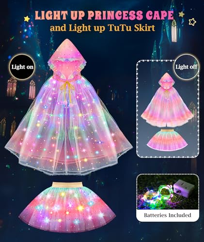 DOLNOW Princess Dress Up for Girls, Unicorn Light up Princess Cape Princess Dress Costume Crown Gift for Girls 3 4 5 6