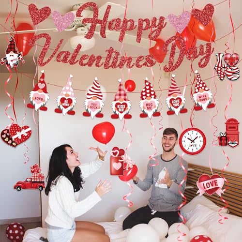 Biswiter Valentines Day Decorations, NO-DIY Party Decorations Includes Glitter Happy Banner, Supplies Hanging Swirls, for ...