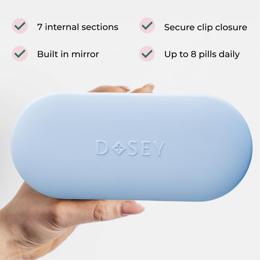 Dosey 7 Day Pill Compact Travel Pill Organizer - Pill Case with 7 Pill Compartments for Medicine Storage & Protection – Stylish & Elegant Medication Organizer with Mirror (Blue)