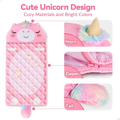 iPlay, iLearn Kid Sleeping Bag, Unicorn Slumber Sack, Toddler Girl Nap Mat, 2 in 1 Pink Animal Cushion Blanket, Happy Trav...