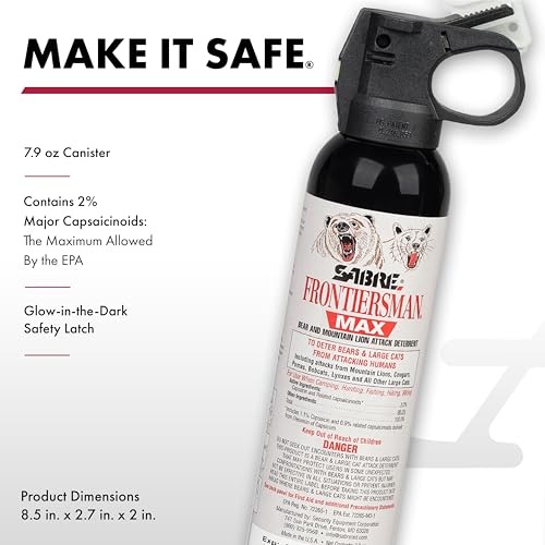 SABRE Frontiersman MAX Bear Spray ? 40 ft Range, Maximum Strength, The Only EPA-Registered Spray for Bears & Mountain Lions, 7.9 oz, Glow Safety Clip, Outdoor Hiking & Camping Protection