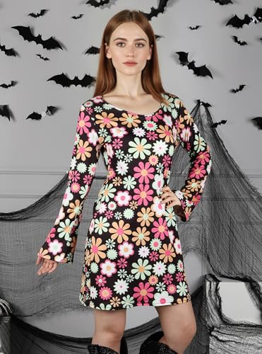 DANAZANA Women's Halloween Floral 60s 70s Hippie Costume Dress Women Groovy Hippy Inspired Bell Sleeves Dresses Retro A Line Mini Dress Vintage Boho Cowgirl Costumes Woodstock Party Black