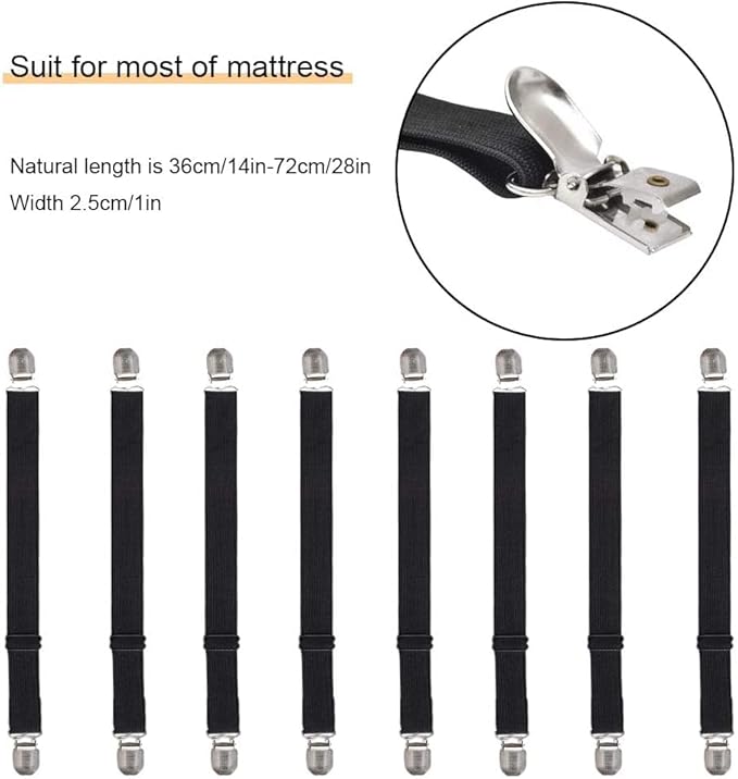 8Pcs Adjustable Bed Sheet Straps Clips, Elastic Mattress Sheet Fasteners Holder and Suspenders, Grippers to Hold Sheet, Mattress, Sofa, Couch, Table Cloth, Ironing Board Cover