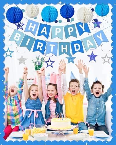 Blue Happy Birthday Decorations, Happy Birthday Banner with Honeycomb Balls, Stars Hanging Swirl Streamers, Dots Garland, ...