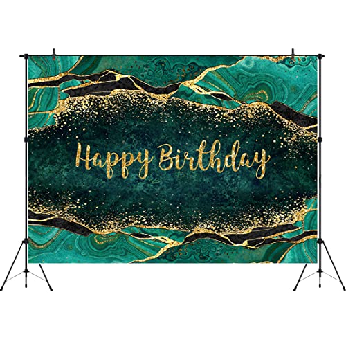 Aperturee 7x5ft Green Marble Happy Birthday Backdrop Glitter Gold Dots Girls Women Sweet 16 Luxury Abstract Photography Ba...