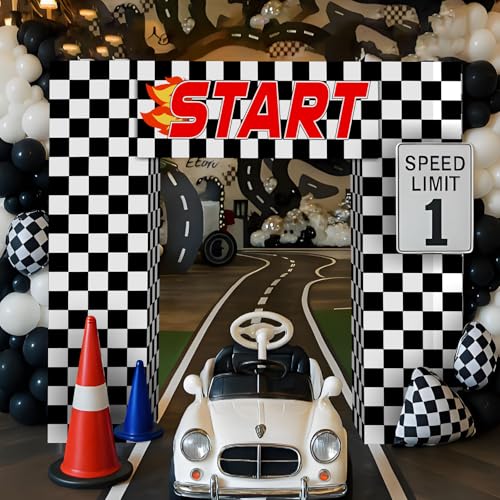 Saypacck 9 Pcs Race Car Birthday Party Decoration Checkered Flag Cardboard Kit Racing Theme 35.4 in Background 11.8 in Box...
