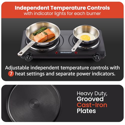 Elite Gourmet EDB-302BF# Countertop Double Cast Iron Burner, 1500 Watts Electric Hot Plate, Temperature Controls, Power In...