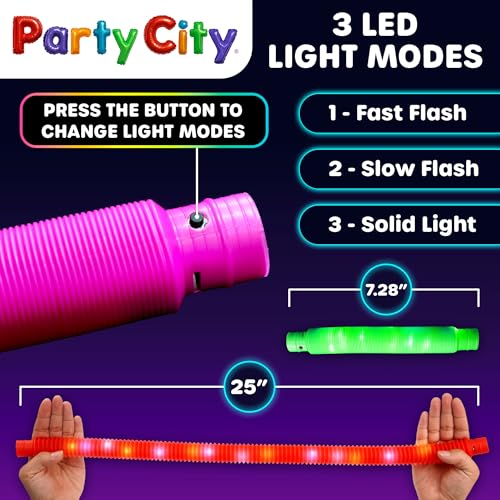 Party City 24pk LED Light Up Pop Tubes 25”- 3 Mode Stretchy Tubes LED Light Up Toys Bulk Glow Sticks Party Favors for Kids...