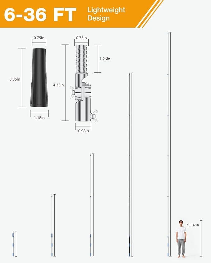 Telescoping Pole, with Joint Angle & Squeegee Adaptor, Aluminum Telescopic Paint Roller Extension Pole & Extendable Pole, Anti-Slip Foam Grip, Multi-Purpose Gutter Window Dust Cleaning Pole (36 FT)