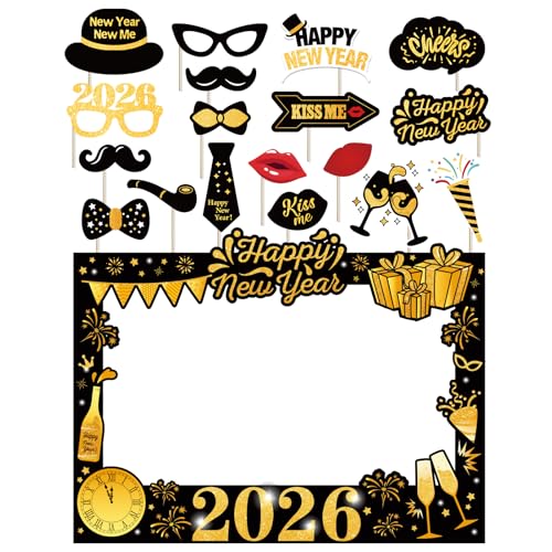 New Years Eve Party Supplies 2026 - NYE Photo Booth Props Kit with Glitter Photo Frame, 2026 Glasses & Mustache (Pack of 19)