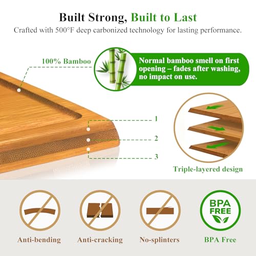 Bamboo Cutting Board Set with Stand, 3PCS Double-Sided Chopping Boards for Kitchen Meal Prep & Serving, Charcuterie, Juice...