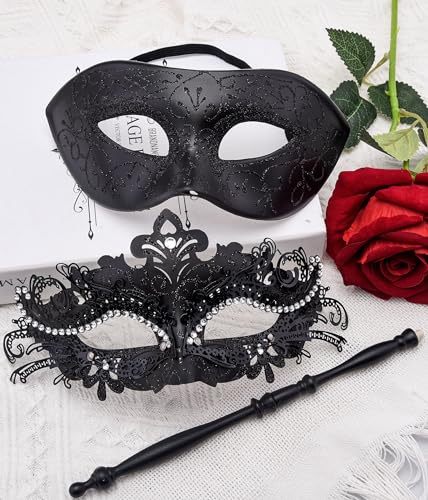 SIQUK Couple Masquerade Masks with Stick Venetian Party Mask Halloween Costume Carnival Mask for Couples Women and Men