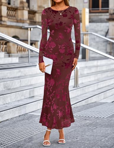 MEROKEETY Women's 2026 Spring Wedding Guest Maxi Dress Long Sleeve Bodycon Floral Mesh Fall Cocktail Formal Party Dresses