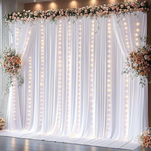 10 x 10 ft White Backdrop Curtains with Lights String for Wedding Polyester Photo Background Drapes White Wrinkle Free Sof...