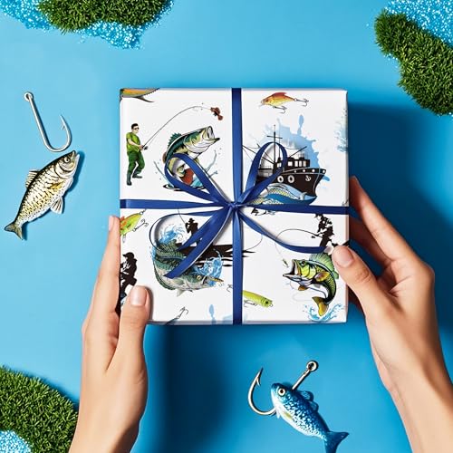 WRAPAHOLIC Fishing Wrapping Paper - Mini Roll - 17 Inch x 16.5 Feet - Adventure Fishing Birthday Wrapping Paper Perfect fo...