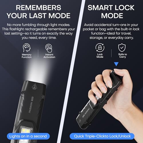 PASIION EDC Tactical Flashlight, Flat Flashlights Rechargeable,Dual-Switches LED Small Flashlight with Digital Display,Sta...