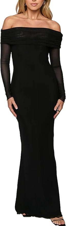 BORIFLORS Women's Elegant Off The Shoulder Bodycon Long Sleeve Maxi Dress Mesh Cocktail Party Wedding Guest Formal Dresses