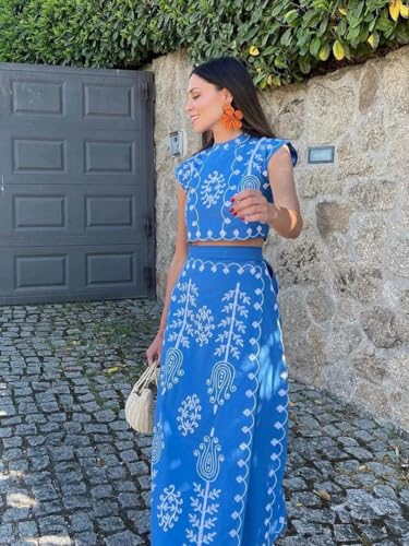 THLAI Women's Bohemian Floral Printed 2 Piece Set Crop Tank Top & Beach Party Maxi Dress Set Outfit