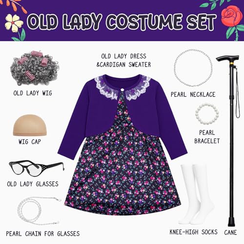 ENBOFID Old Lady Costume for Girls 100th Day of School Costume Grandma Granny Dress with Wig for Kids