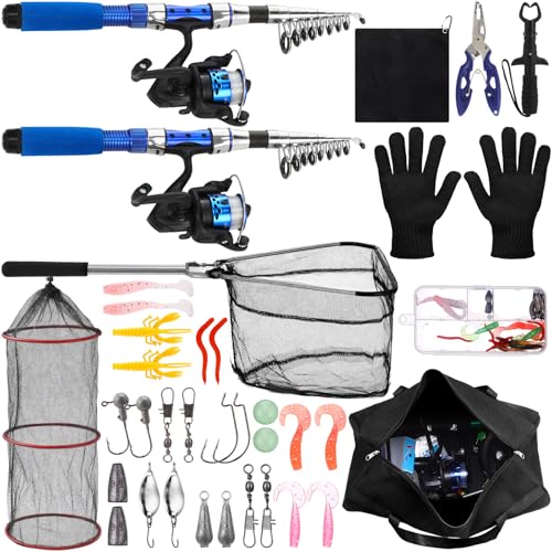 LaRandom 51 Pcs Christmas Fishing Pole Combo 6.89ft Telescopic Rods Set Collapsible Fishing Rods with Plier Lip Gripper Lu...