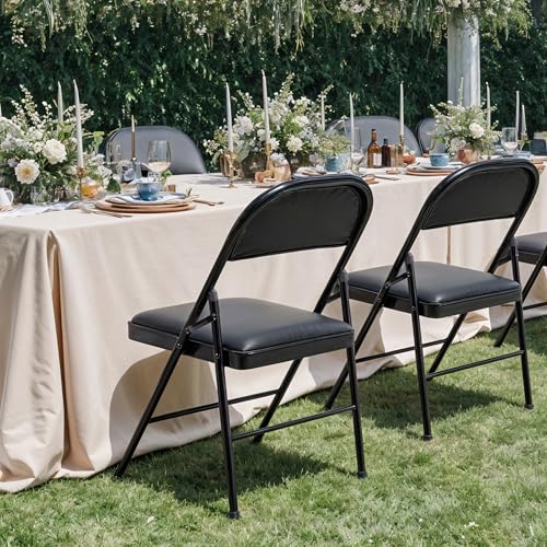 Simple Deluxe 4 Pack Folding Chairs with Padded Leather Cushion Seats & Durable Metal Frame, Comfortable, Foldable, Portab...
