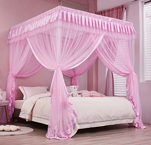 Mengersi Canopy Bed Curtains Queen Size,Bed Canopy for Girls Princess Bed Canopies Drapes Mosquito Net -Bedroom Decor,Pink