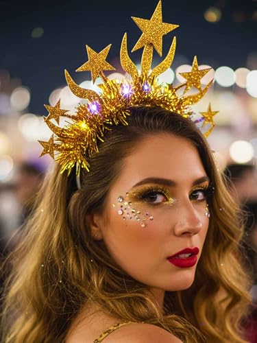 Yokawe Light Up Star Headband,Gold Tinsel Costume Hair Accessory for Rave Party