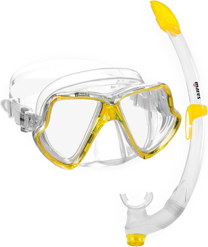 Mares Adult Combo Wahoo Snorkeling Gear Set, Double-Lens Wide Vision Mask, Ergonomic Fiji Snorkel w/Flexible Tube & Silico...