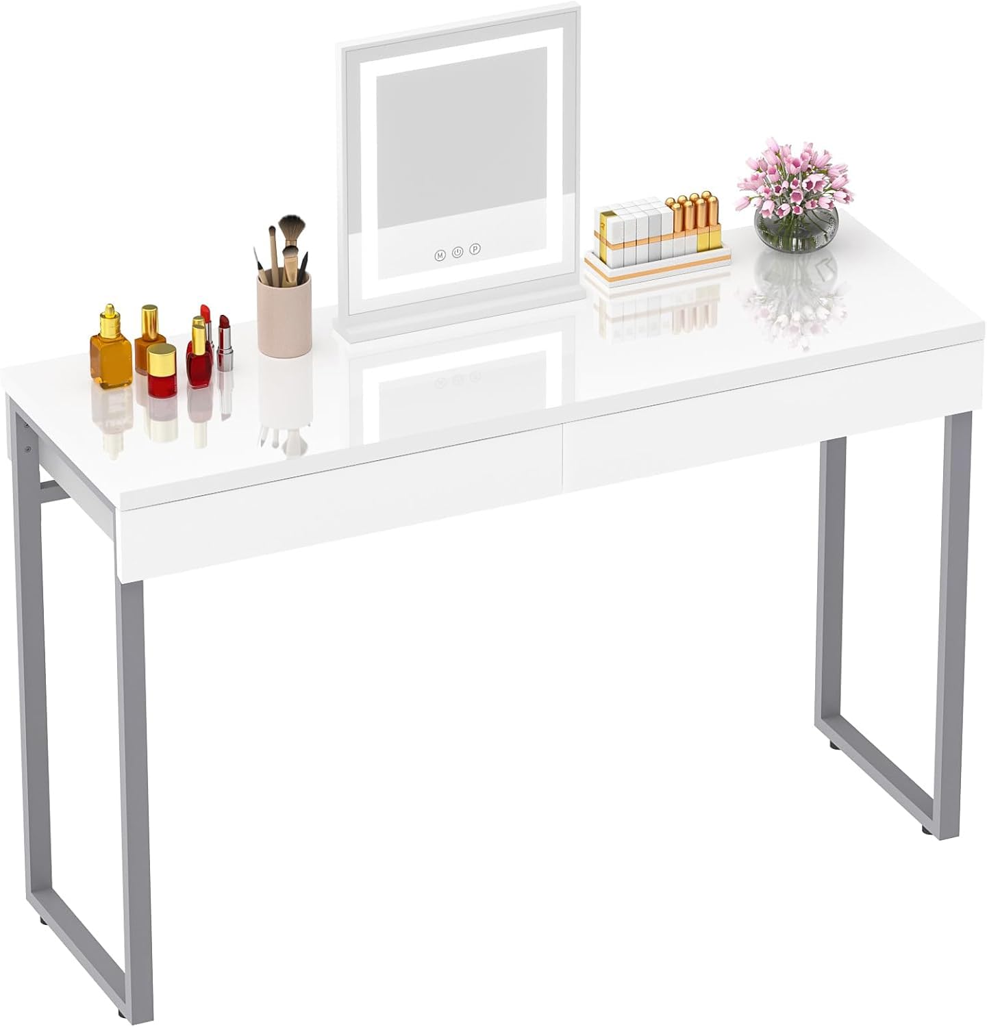 GreenForest Vanity Desk with 2 Drawers,Glossy Desktop White Desk for Bedroom,Makeup Table with Storage Space,Small Desk for Home Office,(39 inch No Mirror)