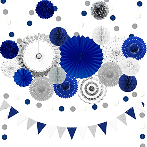 Blue and Sliver Party Decorations, 23Pcs Blue Birthday Decorations with Hanging Paper Fans, Pom Poms Flowers Packs for Gra...