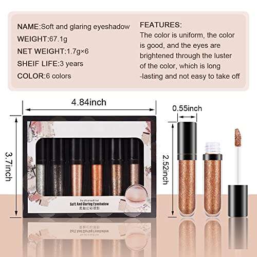 evpct 6 Colors Gold Liquid Glitter Shimmer Eyeshadow Set for Eyes Silver Shimmer Sparkle Shiny Light Glitter Metallic Pigm...