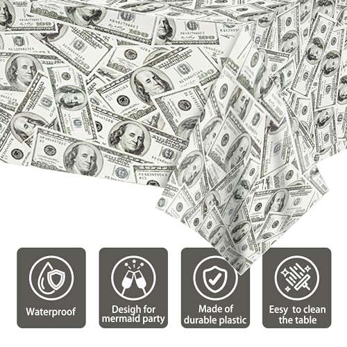 2 PCS Dollar Party Tablecloths, 87" Lx51 W Rectangular Plastic Table Covers, Birthday Party Disposable Tablecloths Party D...